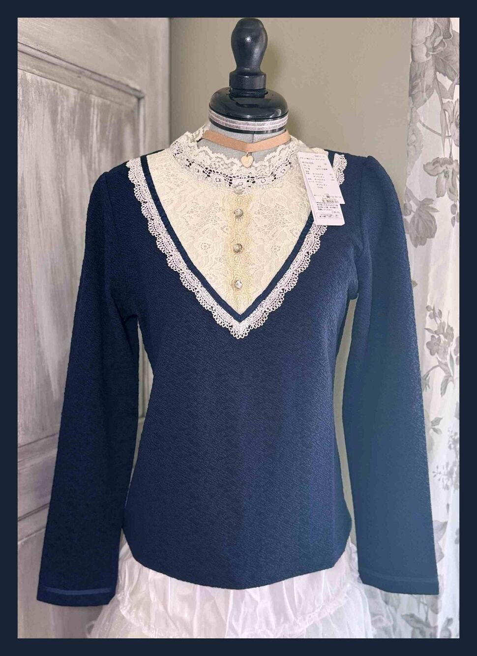 Axes Femme Navy Blue Bijoux Lace Stand Collar Blouse Jfashion Himekaji Gyaru NWT